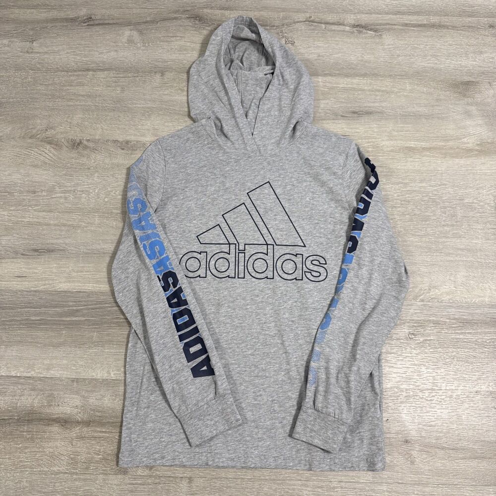 Adidas Shirt Boys Large 14/16 Gray Hooded Long Sleeve Logo Athletic Top